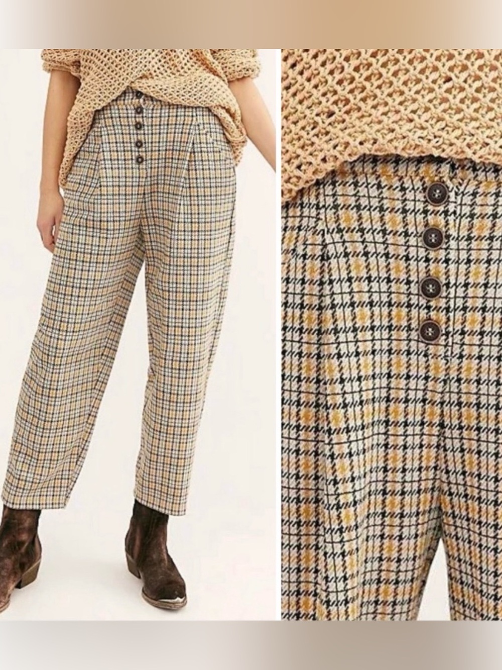 Free People Posey Plaid High Waisted Pleated Carrot Trousers Pants Yellow